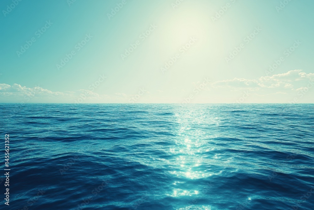 Fototapeta premium Serene Ocean View with Bright Sunlight Reflecting on the Water Surface and Light Blue Sky