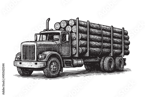 Logging Truck with Timber Load engraving woodcut illustration