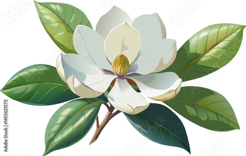 A watercolor illustration of a Southern Magnolia (Magnolia grandiflora), with its large glossy leaves and creamy white blossoms, isolated on a white background. 