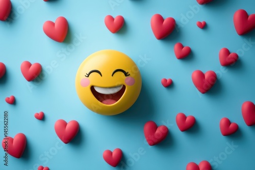 cute smiley face emoji surrounded by admirer emojis with hearts, vector style