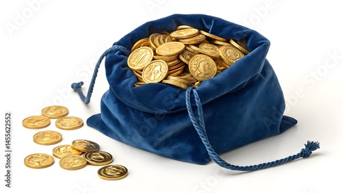 Blue Velvet Sack Overflowing with Shiny Gold Coins V1