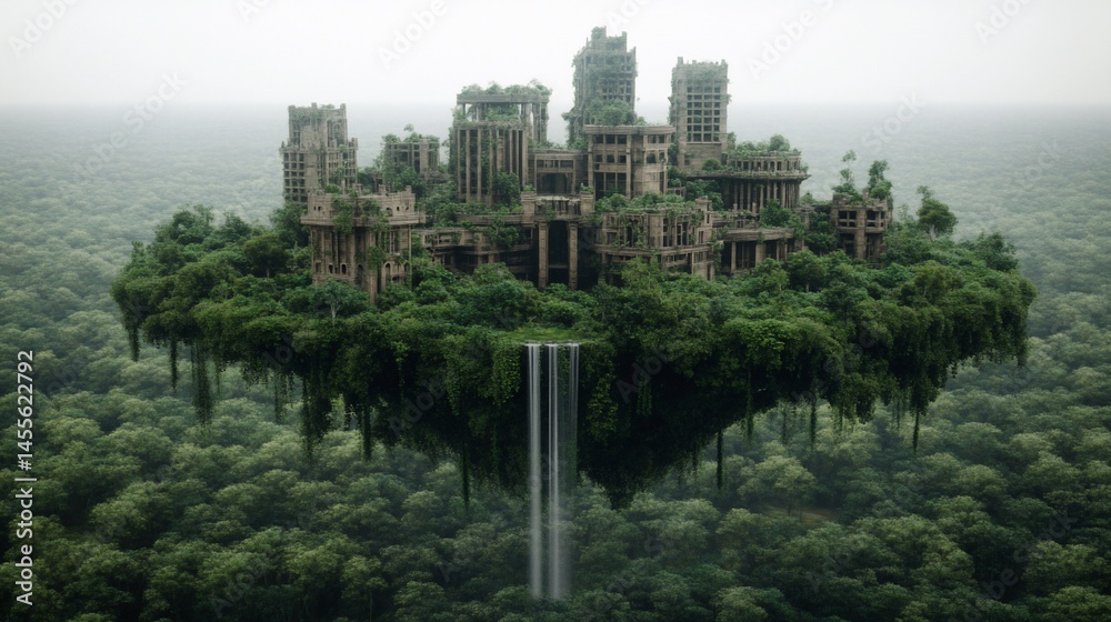 Fototapeta premium Floating, ruined city overtaken by jungle. Overgrown, abandoned structures