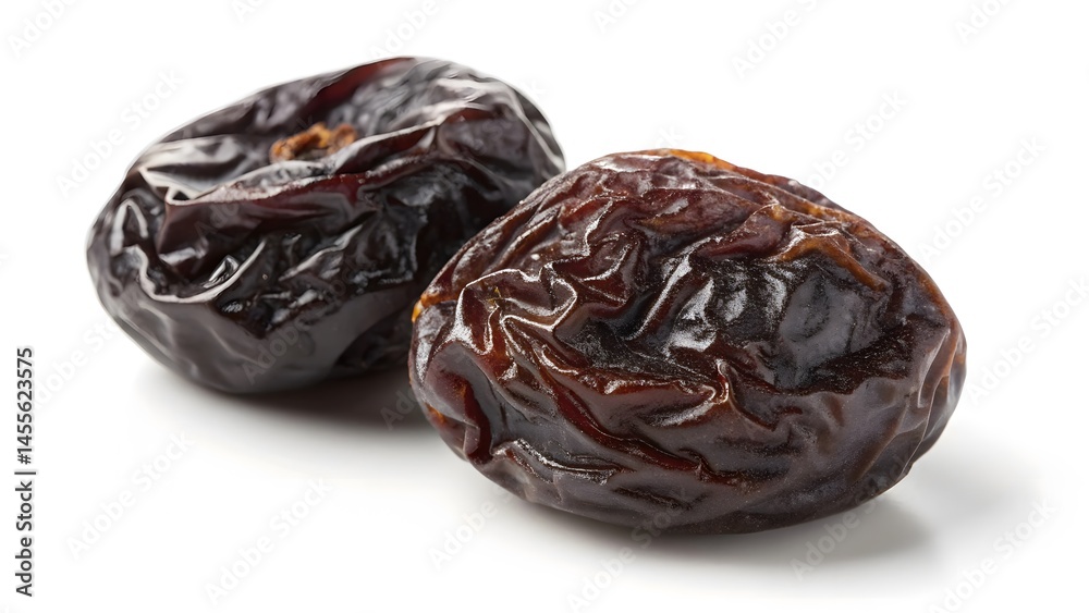 Close-Up Macro of Two Glossy Dried Prunes on White Background V2 Close-Up Macro of Two Glossy Dried Prunes on White Background V2
