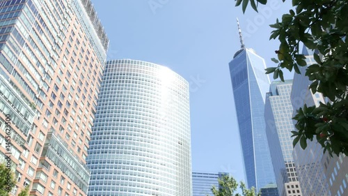 New York City Manhattan, Downtown Financial District architecture, United States. One World Trade Center skyscraper building, USA. American urban street. Freedom tower in NYC. Battery park. Brookfield