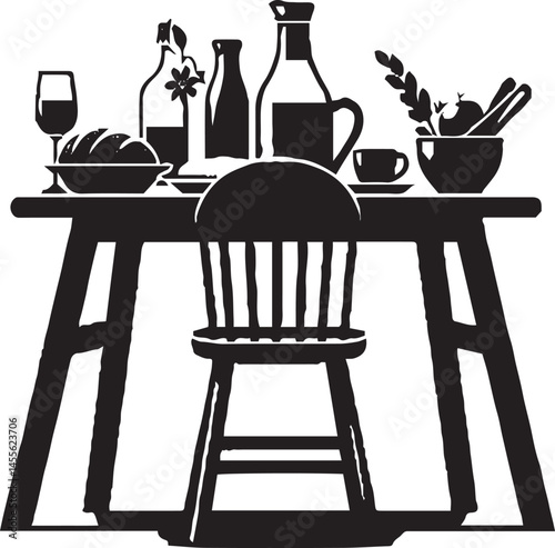 Black and White Rustic Dining Table Silhouette – Cozy Vintage-Inspired Meal Scene