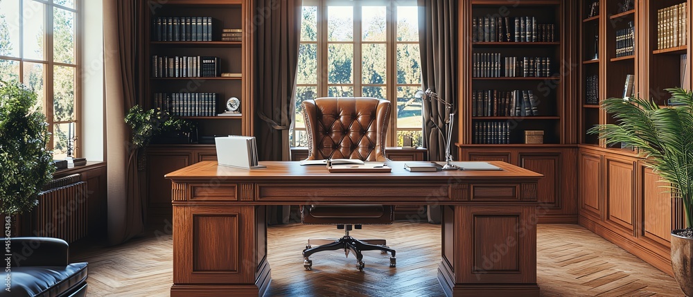 Fototapeta premium Luxurious home office with large wooden desk, leather chair, and built-in bookshelves.