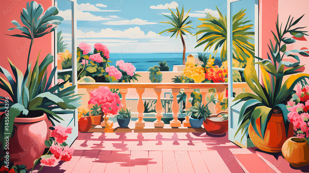 Fototapeta premium balcony garden painting candy colors illustration poster abstract decorative painting