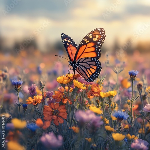 Vibrant spring meadow with wildflowers and monarch butterfly in watercolor style. Pastel tones, perfect for spring design projects, greeting cards, and joyful backgrounds.