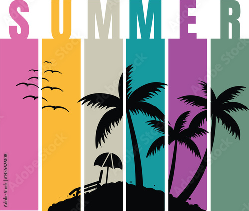Tropical Summer Vibes Beach Poster with Palm Trees, Birds and Colorful Vertical Bars. Retro Vacation Graphic Design for Travel, Holiday, Summer Events & Social Media vector illustration design