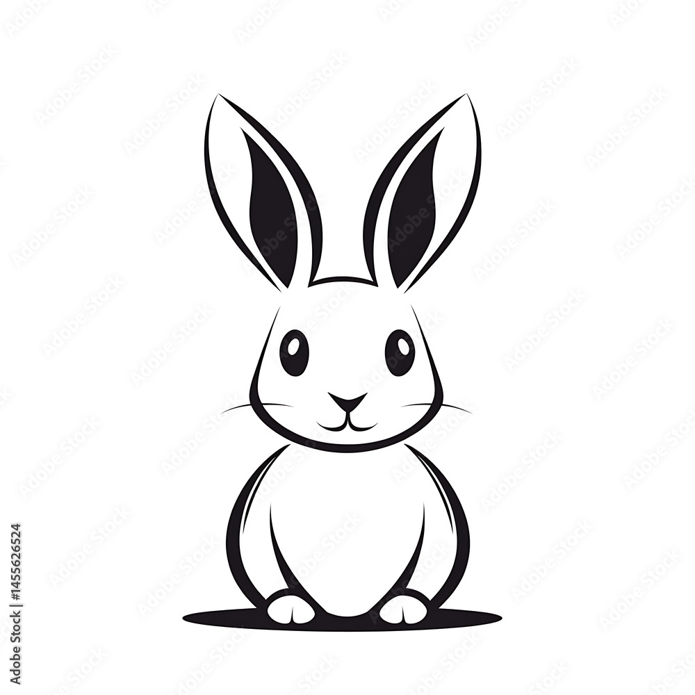 Fototapeta premium Minimalist cartoon rabbit composed of 3 perfect circles and 2 triangle ears in flat design with bold black outline on empty white widescreen background