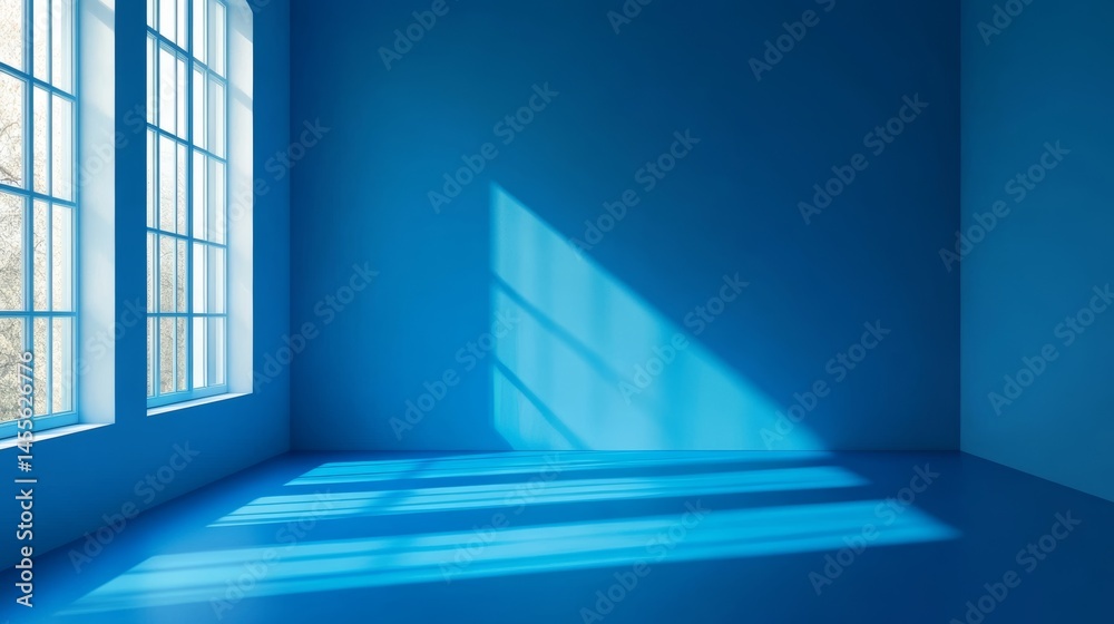 Fototapeta premium Bright Room With Blue Walls and Sunlight Streaming Through Large Windows Creating Patterns on the Floor