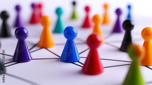 Colorful game pieces network teamwork connection strategy
