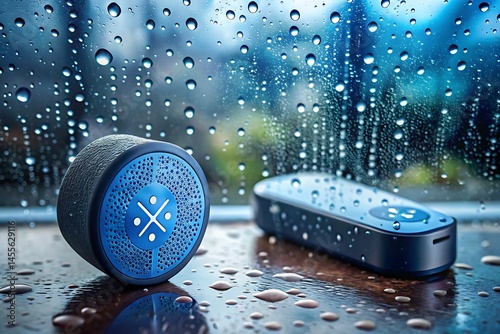 Two sleek blue devices on a wet surface with a rainy backdrop