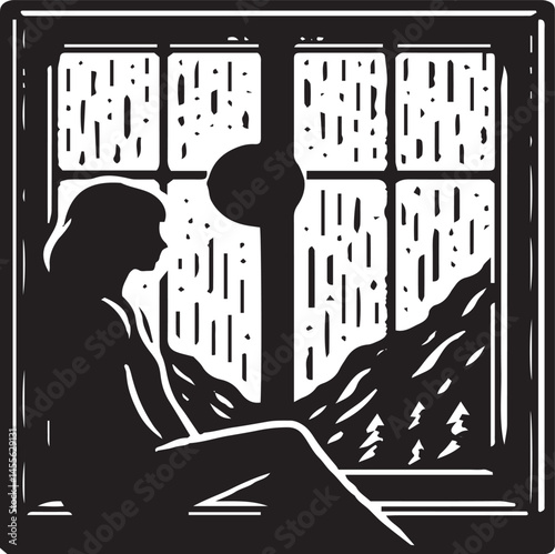 Silhouette of Person Sitting by Window on Rainy Day – Peaceful Introspective Scene
