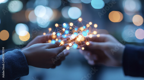Collaborative hands connecting with glowing network nodes, symbolizing unity and teamwork