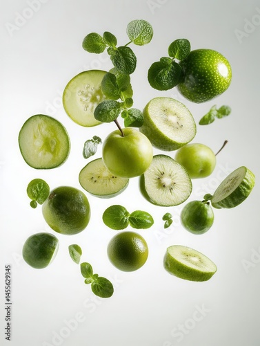 Wallpaper Mural Green fruits and herbs floating in mid air on a white background for healthy eating Torontodigital.ca