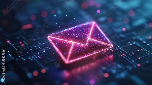 Glowing pink/purple email icon over dark circuit board background. Use for email marketing sites, tech blogs, or digital communication themes.