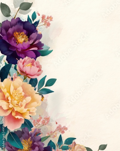 Floral arrangement with peonies and small pink flowers on a cream background for text