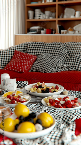 Fruit platter on sofa, living room background, breakfast, home interior design