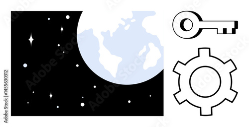 Earth in a starlit space scene accompanied by a gear and a key. Ideal for themes of global connection, innovation, opportunity, problem-solving, exploration, technology, and a simple landing page