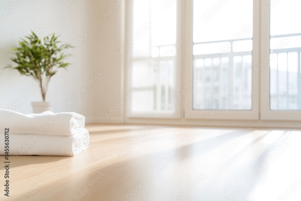 Fototapeta premium Bright and airy room featuring neatly stacked towels and potted