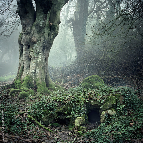 Mysterious mossy forest cave entrance, fog, ancient trees, winter landscape, ideal for fantasy or fairytale themed projects