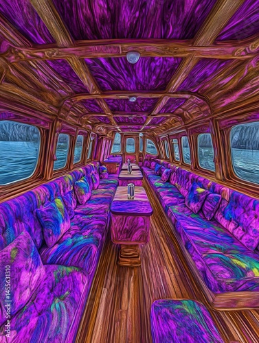 Elegant Yacht Interior: Purple Velvet Seating on the Water