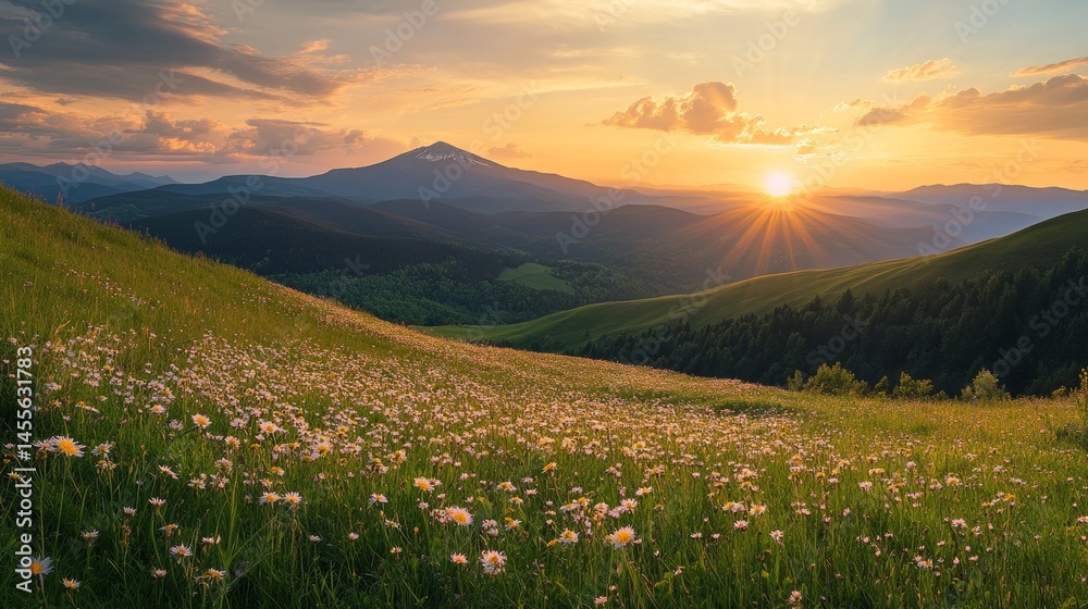 Fototapeta premium Breathtaking Sunset Over a Lush Meadow Filled With Wildflowers and Distant Mountains in a Serene Landscape, Capturing the Beauty of Nature in the Golden Hour