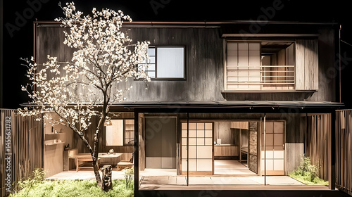 Modern Japanese house, night scene, illuminated garden, minimalist design, architectural showcase