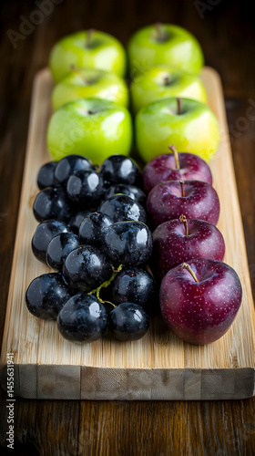 Green and red apples, black grapes on wooden board, dark background; healthy food photography