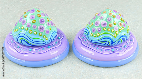 Two decorative pastel-colored sculpted objects on stands, abstract art, studio shot, craft