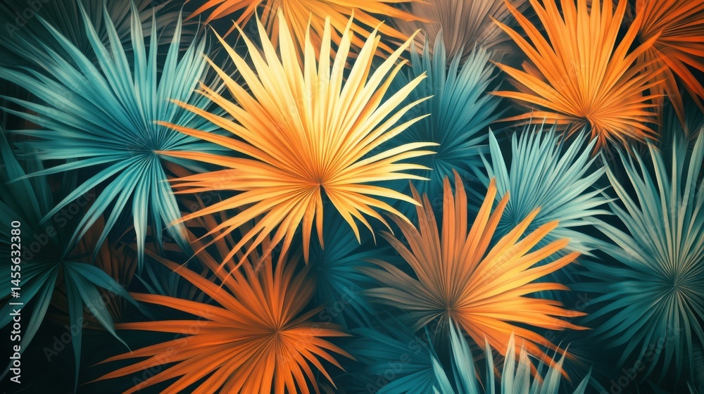 Abstract palm fronds in orange and turquoise create a tropical paradise of vibrant color and texture Abstract palm fronds in orange and turquoise create a tropical paradise of vibrant color and texture