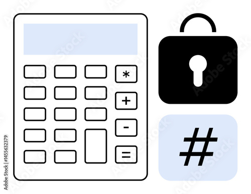 Numeric keypad, lock with keyhole, and metadata tag symbol. Ideal for cybersecurity, passwords, data encryption, secure access, authentication, technology simple landing page