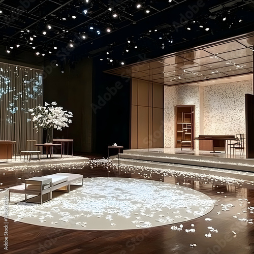 Elegant wedding ceremony setup in modern hall, petals scattered on floor, minimalist background