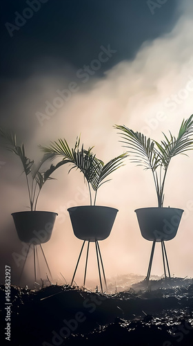 Three potted palms in fog, dramatic lighting, dark ground.  Use  Website header, moody background
