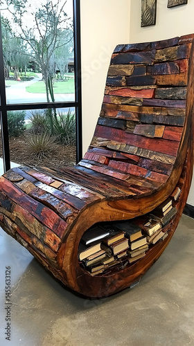 Unique book-page chair in office, near window with nature view, for reading relaxation