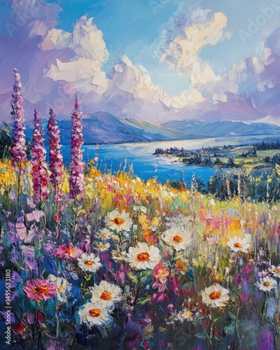 Impressionistic Floral Landscape Painting with Daisies and Mountains Under a Cloudy Sky