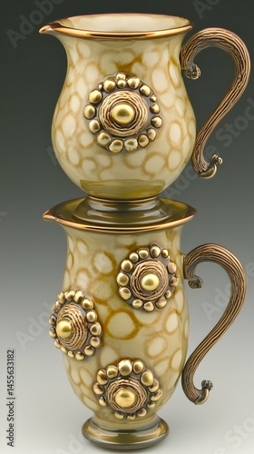 Stacked ceramic creamer and mug set, gold accents, studio background, for home decor or tableware websites