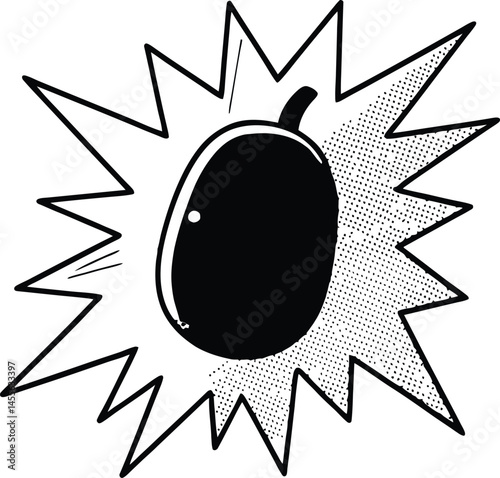 Black and White Olive Pop Art: A bold black and white graphic of a large olive exploding out of a cartoon sunburst, creating a dynamic and eye-catching pop art aesthetic. The olive takes center stage.