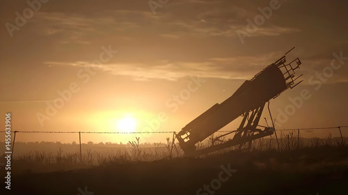 Sunset over field, abandoned missile launcher, barbed wire fence, hazy landscape. Military history, war, conflict, peace