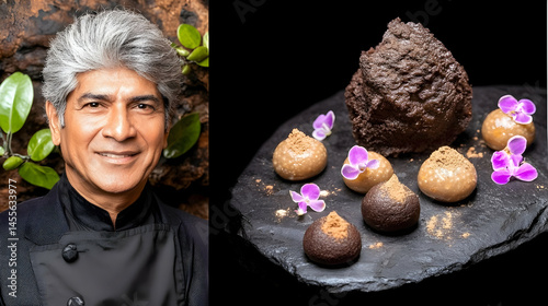 Chef's portrait and decadent chocolate dessert presentation