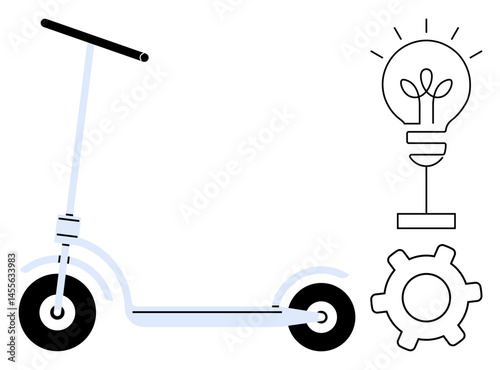 Kick scooter with gear and light bulb symbolizing green mobility, sustainability, creativity, and innovation. Ideal for technology, eco-friendly transport, design, startup future teamwork. Flat