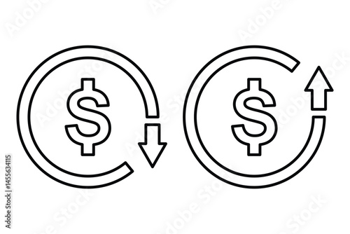 Dollar cost increase and decrease icon. Cash, loan, coin, dollar, saving, budget, earning money, revenue symbol. Money increase icon with arrow up symbol, dollar decrease icon. Vector illustrator 