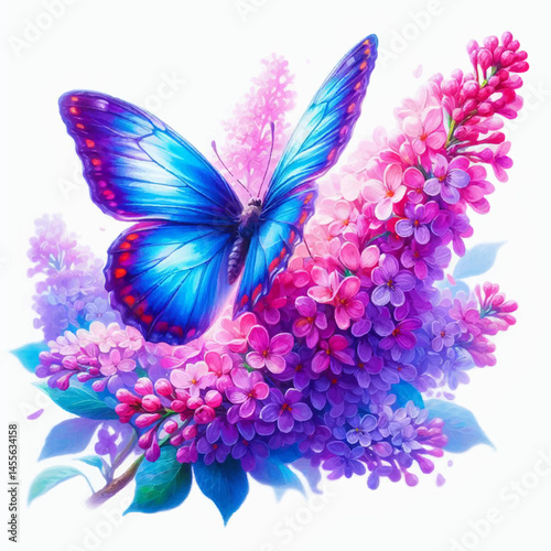 A beautiful purple butterfly rests on a delicate Pink lilac flower, an isolated macro shot capturing the spring bloom