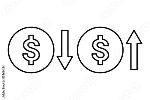 Dollar cost increase and decrease icon. Cash, loan, coin, dollar, saving, budget, earning money, revenue symbol. Money increase icon with arrow up symbol, dollar decrease icon. Vector illustrator 