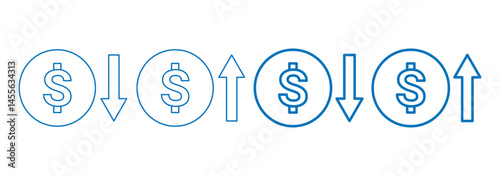 Set of cost symbol dollar increase and decrease icon. Cost reduction icon. cost saving sign. Dollar rate increase icon. Cost rising icon. Profit and lose money vector icons. Vector illustration 