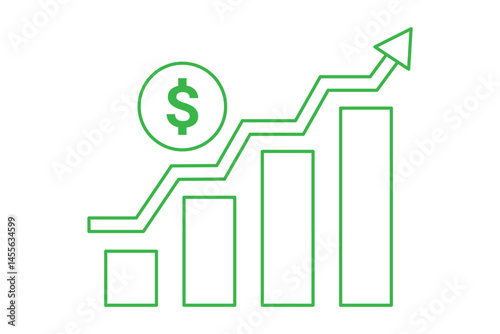 Money increase icon with arrow up symbol. Dollar coin graph up green graph chart symbol. Rise cost vector illustration.