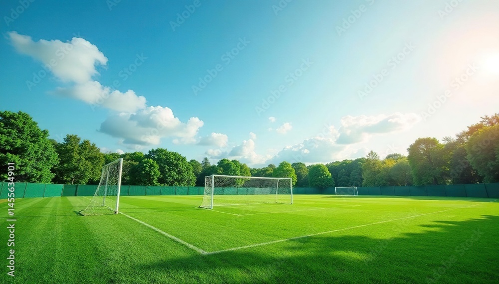 Fototapeta premium Two soccer goal posts, green field background, exercise, landscape, horizon