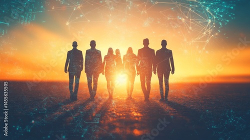 Silhouetted Figures Walking Towards a Glowing Horizon at Sunset, Representing Unity and Potential Amidst Technological Advancement