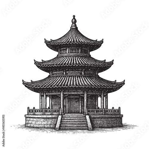 china temple engraving woodcut illustration